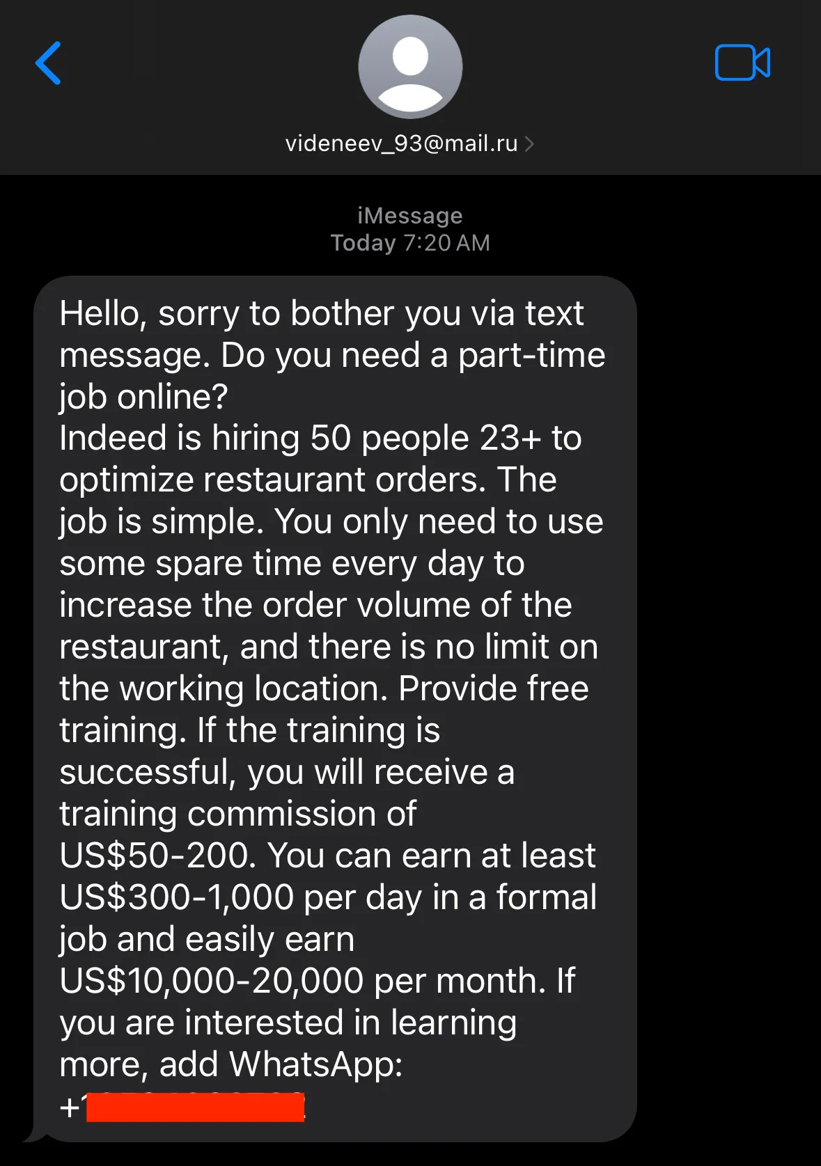 Screenshot of fake recruiter text message offering a job that pays up to $20,000 a month for optimizing restaurant orders.